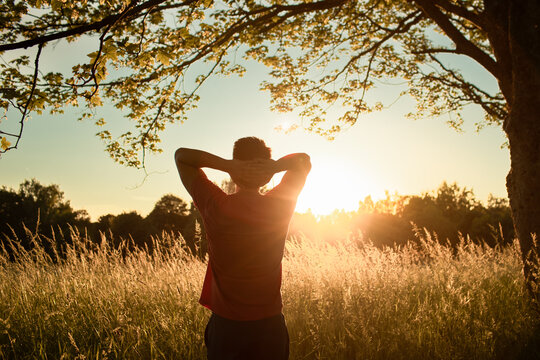 Man Relaxing in Peaceful Sunset Field with Golden Light and Nature
