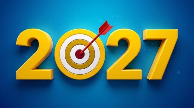 Yellow 2027 numbers with target and arrow on blue background year 1