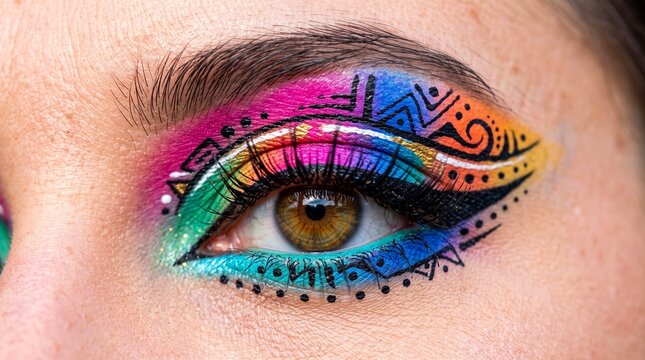 Close up of a woman's eye with vibrant tribal inspired face paint and colorful eyeshadow