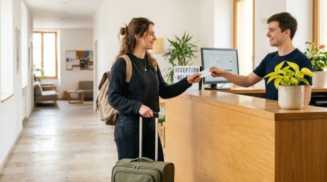 Young woman with backpack and suitcase checking into a bright hotel reception with a friendly staff member