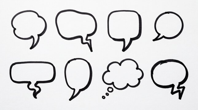 Set of eight hand drawn speech bubbles and thought clouds with black ink outline on a simple creative page