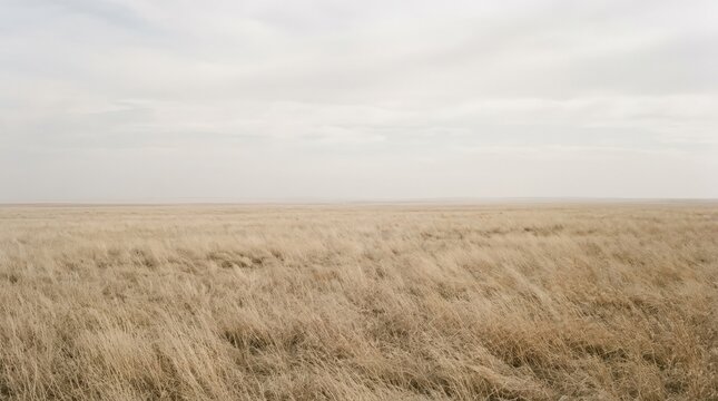 Wide field of dry tawny grass fading toward a flat horizon beneath a pale hazy sky, minimalist landscape photography, beige and muted sand palette, soft atmospheric perspective, low contrast, fine