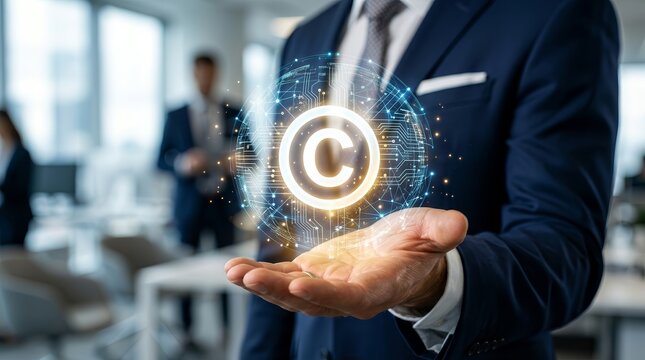 A businessman's hand holding a glowing copyright symbol with a digital network representing intellectual property.