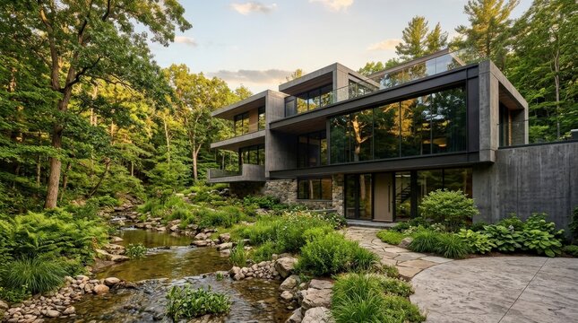 Contemporary glass-and-concrete residence nestled in lush landscaped greenery beside a shallow flowing stream, premium architectural photography, reflective dark windows, layered modern volumes,