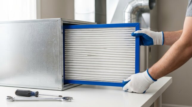 Technician installing a pleated media filter into a furnace cabinet for an airtight seal.