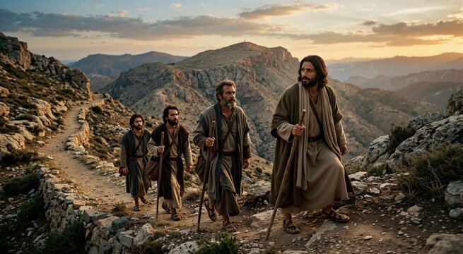 Jesus leading his disciples up a high mountain path at sunset. Christ with Peter James and John walking together. Transfiguration biblical theme
