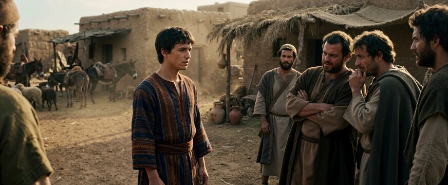 Young Joseph standing in colorful ornate tunic before his brothers. Biblical historical scene of Joseph and his coat of many colors