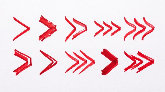 A collection of hand drawn red arrow signs and directional pointers with brush stroke texture for web design