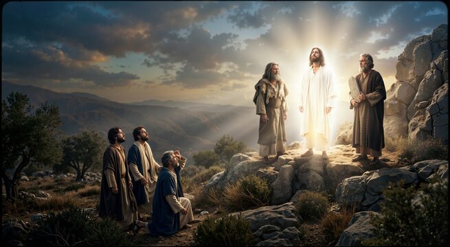Transfiguration of Jesus Christ on the mountain. Christ shining with divine light between Moses and Elijah. Biblical New Testament scene with disciples watching