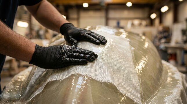 Craftsman applying clear epoxy resin to a fiberglass hull mold for boat construction.