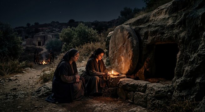 Two women in ancient robes mourning outside a sealed stone tomb at night. Small glowing oil lamp near the entrance. Christian Easter Holy Saturday concept
