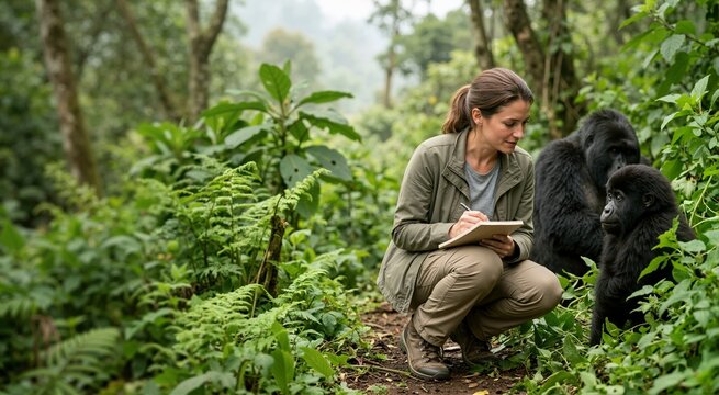 Wildlife researcher observing mountain gorillas in a lush jungle. Female conservationist writing notes in a natural forest habitat