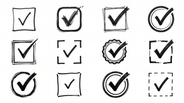 Set of twelve hand drawn check mark icons with various frames and borders for business and website design