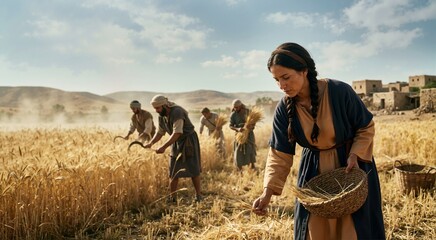 Fototapeta premium Biblical woman gathering leftover barley in a golden field. Ruth gleaning wheat behind harvesters in ancient Israel. Old Testament story concept