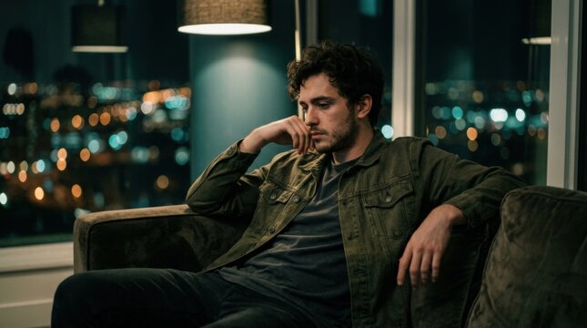 Brooding young man reclining in a dark interior with blurred city lights behind him, cinematic nightlife portrait photography, deep olive, teal and amber palette, low-key lighting, soft grain,
