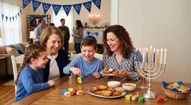 Jewish family celebrating Hanukkah around a festive dining table. Young boy spinning dreidel with mother and grandmother. Holiday menorah with lit candles and latkes
