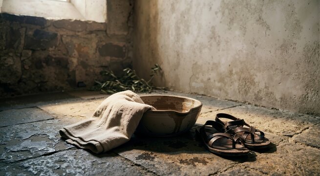 Water basin linen towel and leather sandals on stone floor. Maundy Thursday foot washing ceremony concept. Christian Holy Week background