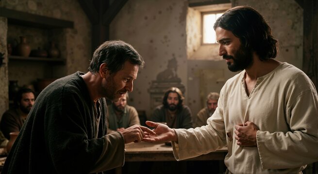 Thomas touching the wound in the hand of Jesus Christ. Close up of doubting Thomas and the risen Savior. Biblical resurrection and faith concept