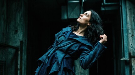 Fototapeta premium Moody portrait of a dark-haired woman in a textured blue outfit looking upward, cinematic fashion photography, teal, black and cool cyan palette, dramatic side lighting, deep shadows, expressive