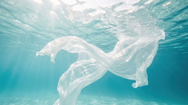 Sheer white fabric drifting beneath clear turquoise seawater, ethereal conceptual photography, sunlight refracting across the rippled surface, pale aqua, white and cyan palette, weightless organic