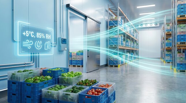 Climate-controlled storage room with crates of fresh produce and digital temperature control panel.