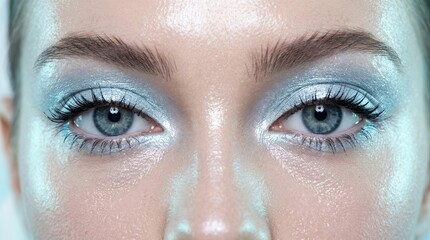 Fototapeta premium Extreme close-up of eyes with frosty pale-blue eye shadow and glossy skin, beauty photography, cool cyan and pearl tones, frontal crop, soft diffused light and futuristic cosmetics editorial