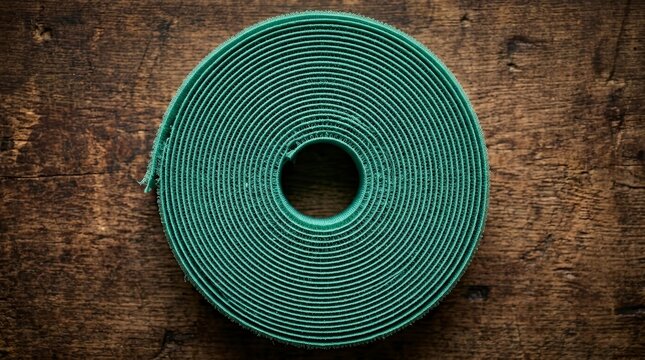 Green nylon hook and loop fastener roll for garden plant support on a wooden surface.