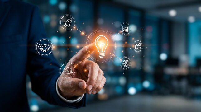 A hand selecting digital business strategy elements including teamwork, growth, and target icons.