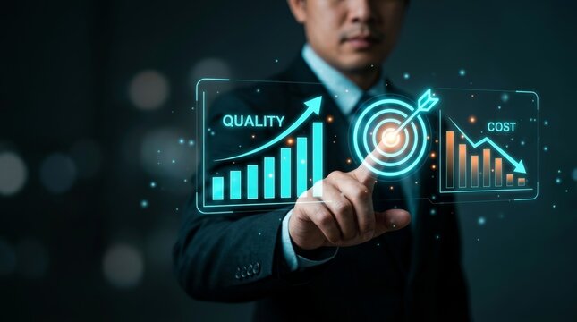 Business strategy concept of quality improvement and cost reduction with a rising bar chart and target icon.