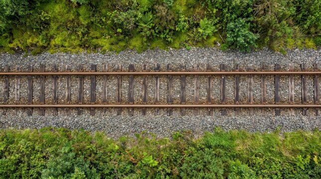 High angle aerial view of parallel railway tracks surrounded by lush greenery.