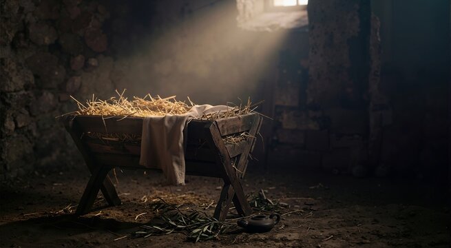 Straw filled wooden manger illuminated by a single beam of light. Christian Christmas nativity concept. Empty cradle in dark stone stable