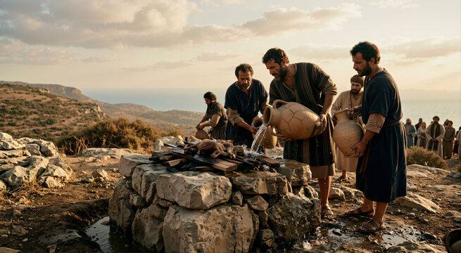 Servants pouring water over a stone altar on Mount Carmel. Elijah preparing the sacrifice with wood and water. Biblical Old Testament concept