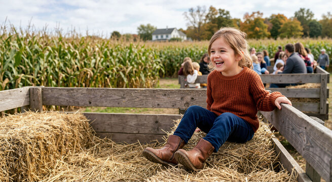 Happy young girl enjoying an autumn hayride on a farm wagon. Child sitting on straw bales near a corn field during fall festival
