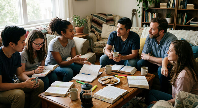 Multiethnic group of young adults studying the Bible together in living room. Christian fellowship and small group discussion concept