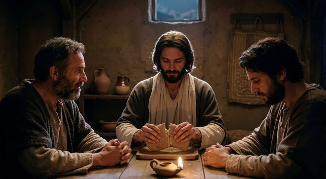 Jesus breaking bread at Emmaus with two disciples. Biblical resurrection appearance scene