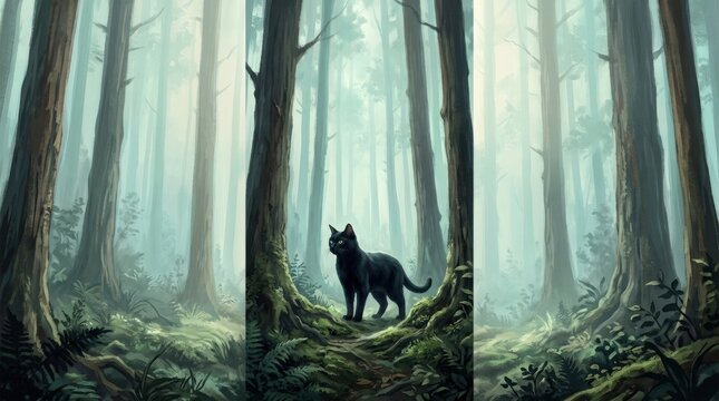 Black cat standing alert among tall misty tree trunks, dreamy painterly forest illustration in pale teal, cream, gray-green and smoky blue, vertical composition, soft atmospheric haze, luminous