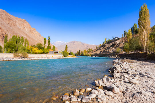 Ghunt river in Khorog city and Pamir mountains, Tajikistan