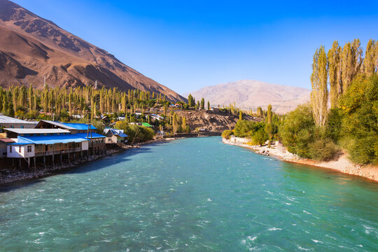 Ghunt river in Khorog city and Pamir mountains, Tajikistan