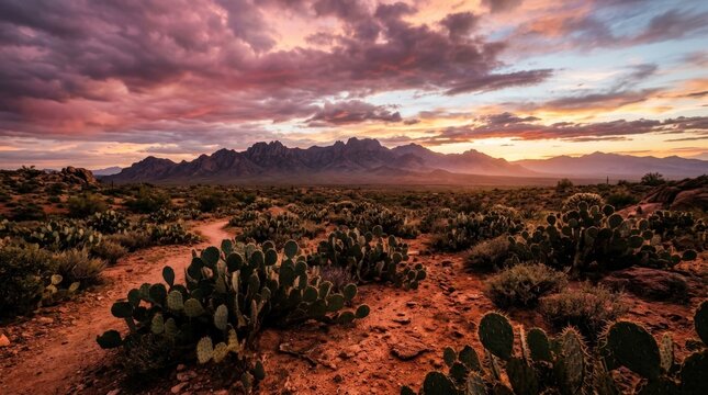 Desert landscape filled with prickly pear cacti at twilight, distant mountains under pink, purple and orange clouds, cinematic nature photography, warm red earth, deep green cactus silhouettes,
