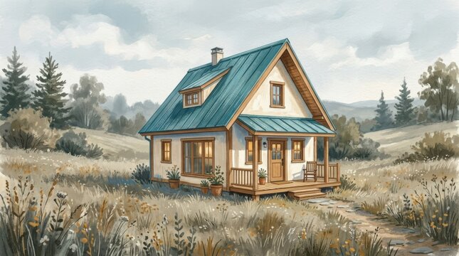 Small modern house with a steep turquoise roof isolated on a warm gray field, painterly architectural illustration with cream walls, soft blue shadows and blurred surrounding shrubs, quiet residential
