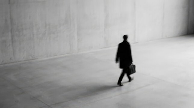 Blurred solitary person walking across a minimalist light-gray background, conceptual photography, black silhouette and soft monochrome palette, strong motion blur, wide negative space, subtle ground