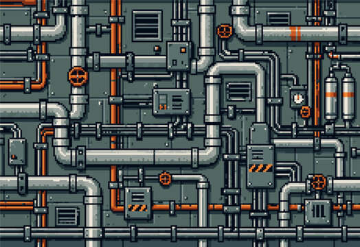 配管設備が張り巡らされた工場プラントのドット絵背景