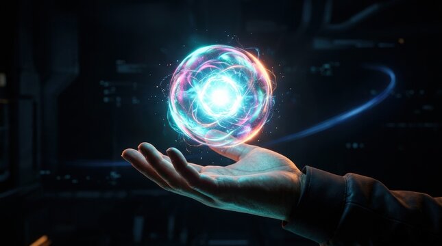 Luminous iridescent orb hovering just above an outstretched hand in darkness, futuristic AI and innovation concept, premium cinematic CGI, electric white core with cyan and warm orange rim light, deep