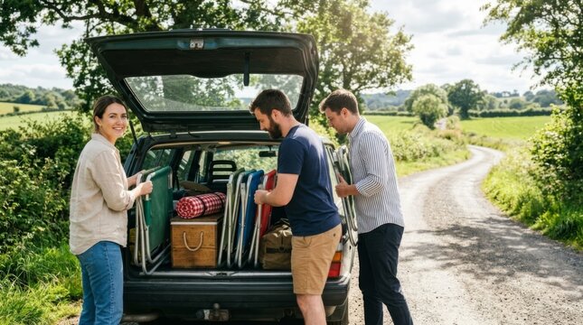 Friends loading camping chairs and picnic gear into a station wagon on a sunny country road, preparing for an outdoor adventure.