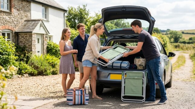 Four friends loading camping chairs and picnic bag into car for a sunny country road trip getaway