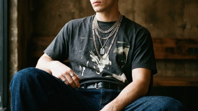 Cropped male torso in a dark graphic T-shirt with layered chunky silver chain necklaces, contemporary streetwear fashion photography, warm brown-black background, soft directional light catching
