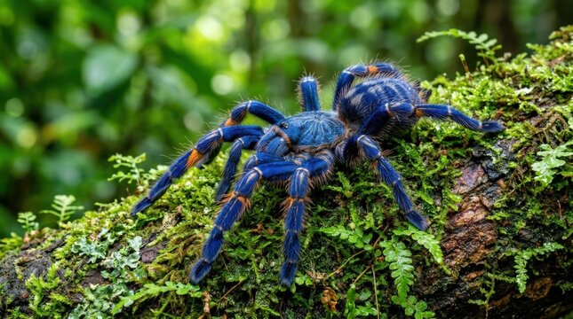 Vivid blue-and-orange tarantula resting on a moss-covered surface, detailed macro wildlife photography or hyperreal CGI, electric cobalt hairs, warm orange joints, lush emerald background, dramatic