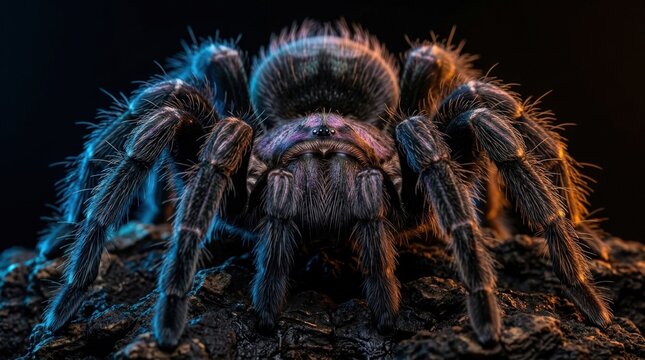 Large tarantula facing the camera under vivid blue and orange illumination, hyperreal macro photography or premium CGI, detailed hairy legs and iridescent textures, dark background, symmetrical
