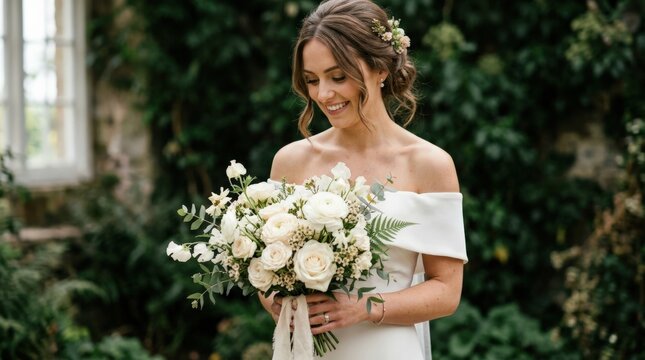 Bride in a simple off-shoulder white gown holding a loose bouquet of cream flowers, soft editorial wedding photography, muted dark-green background, cropped intimate composition, gentle window light