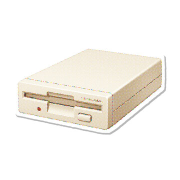 Vintage external floppy disk drive with a tray and eject button halftone vector illustration